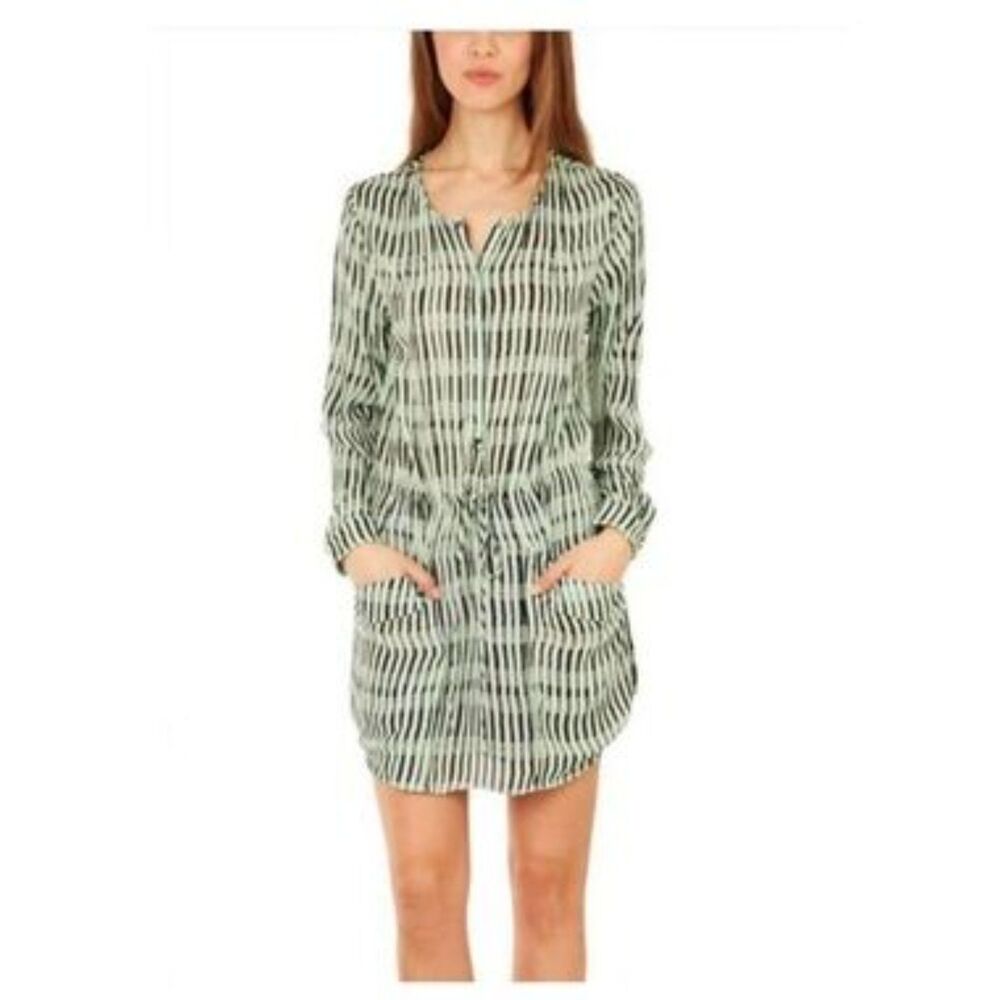 A.L.C. 100% Silk Shirtdress Mint Green Black Stripe Print Tie Waist Size XS